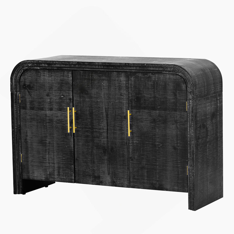 Buffet incurvé rétro à 3 portes avec poignées dorées et tablettes réglables Retro Minimalist, Noir antique