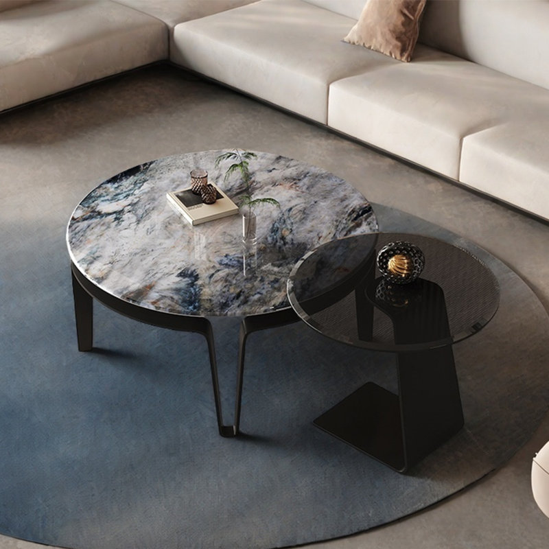 Table basse ronde en pierre supercristalline, Noir / multicolore / transparent