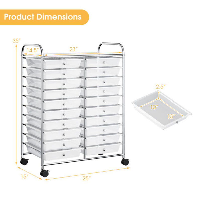 Clear 20-Drawer Rolling Organizer Cart with Chrome Frame