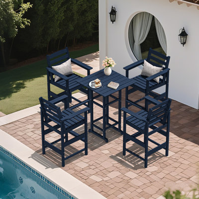 5-Piece HDPE Outdoor Bar Set – 4 Tall Bar Chairs & 1 Square Table, All-Weather Patio Furniture for Poolside, Garden, or Balcony