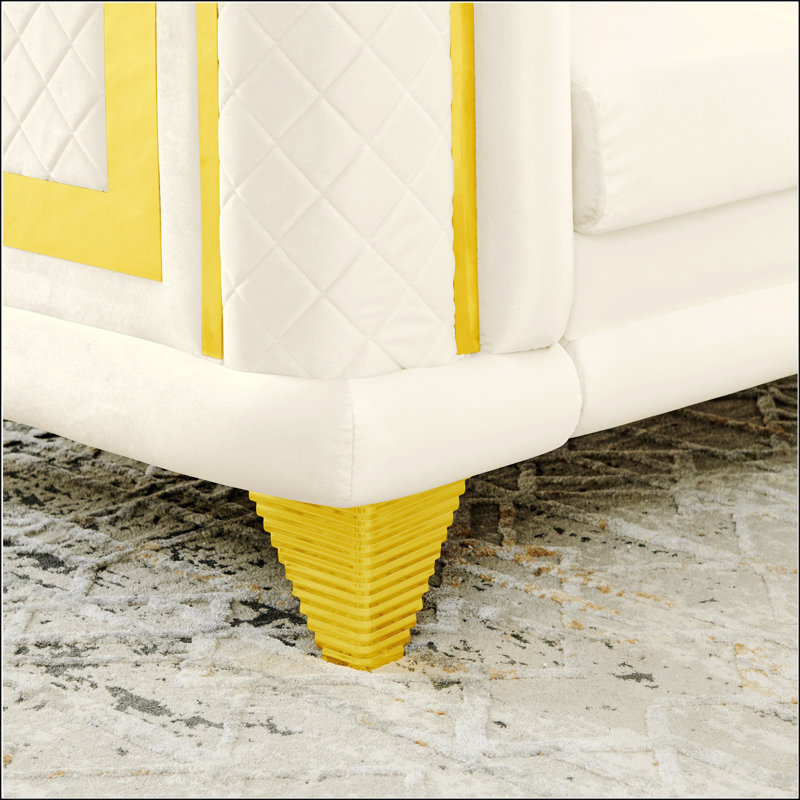 Canapé de luxe en velours à 3 places avec garnitures en acier inoxydable doré, design capitonné moderne Mid-Century et texture brodée pour des salons élégants