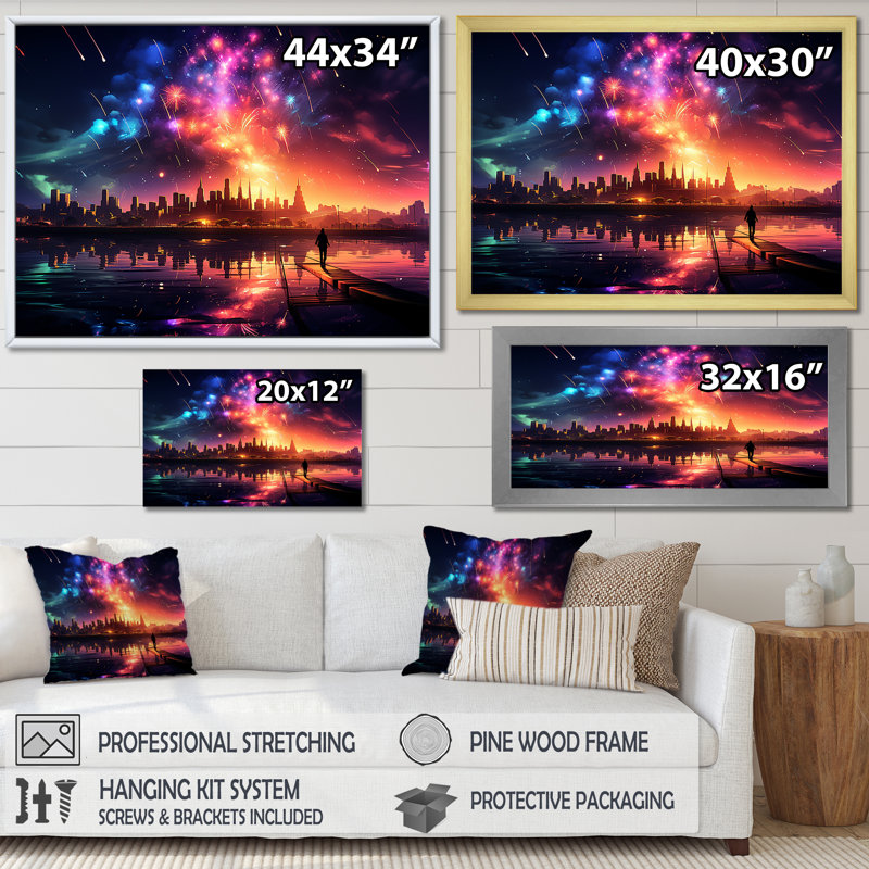 Feux d'artifice colorés au-dessus de la ville la nuit I - Art mural, Cadre d'angle fermé noir, H 34 po x l 44 po x P 1,5 po
