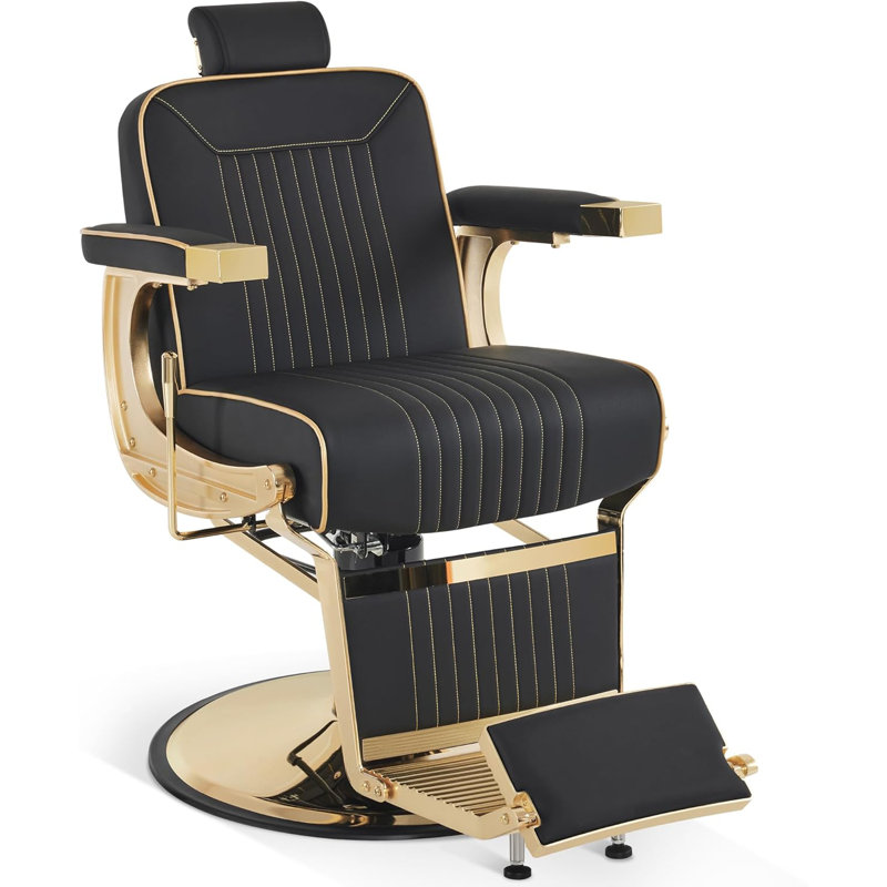 Classic Heavy-duty Reclining Barber Chair, Hydraulic Salon Chair, Faux Leather, Gold