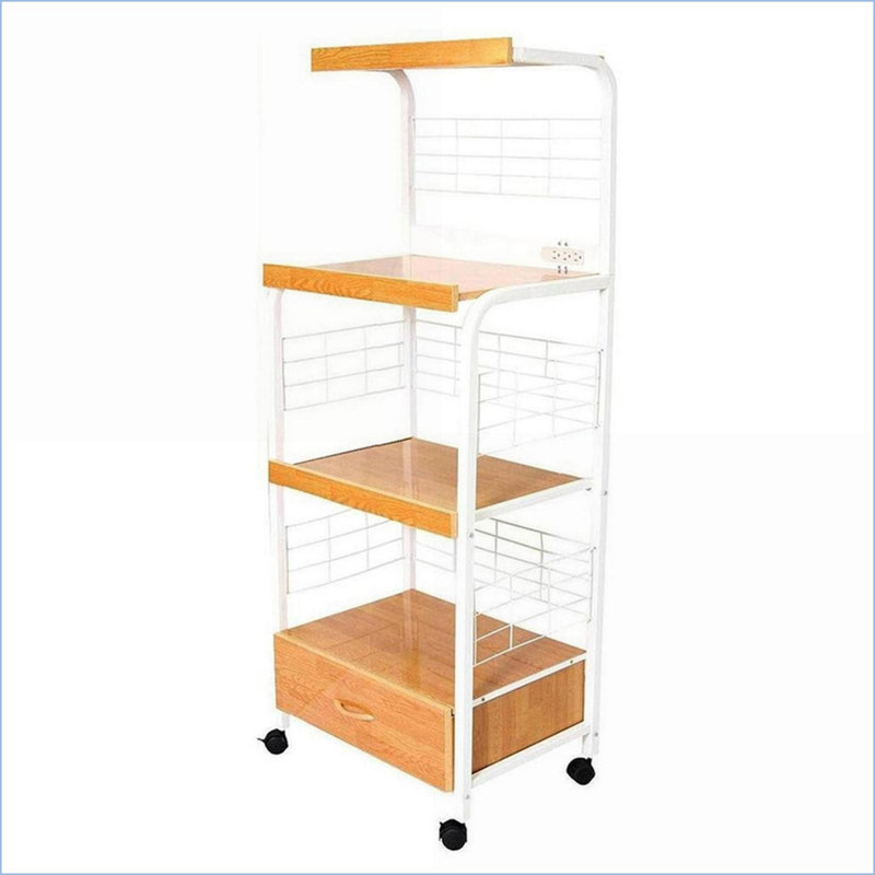 Kitchen Microwave Cart, 59.5” Tall 3-Tier with Drawer, Outlet &amp; Wheels | Snow White + Natural | Metal, White