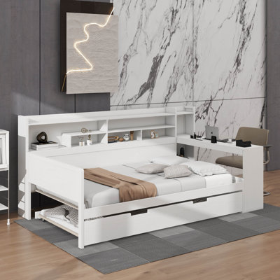 Lit de jour en bois avec tablettes de rangement, lit d'angle multifonctionnel avec lit gigogne simple et bureau