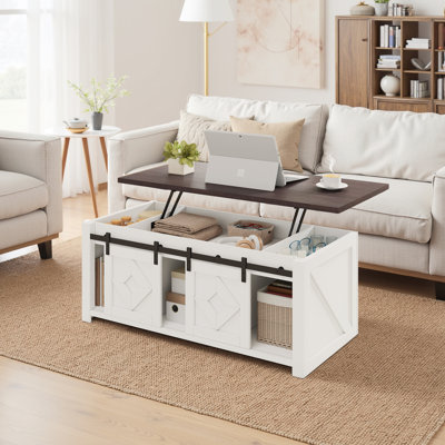 Table basse à plateau relevable Farmhouse avec rangement et portes de grange coulissantes