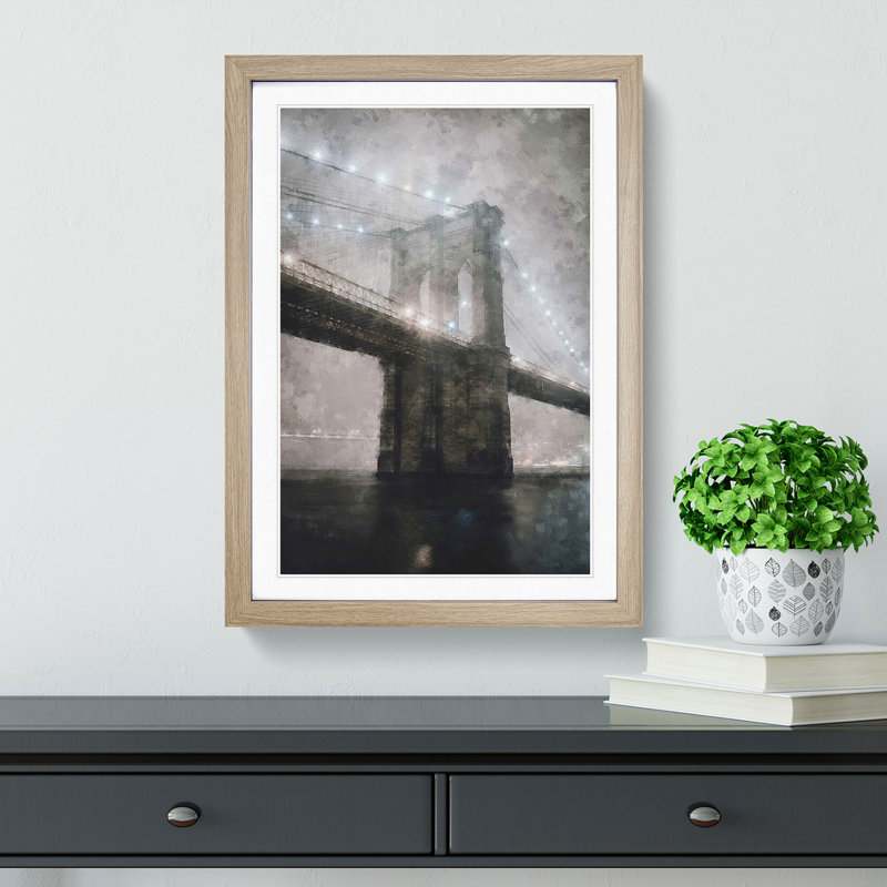 Lights of Brooklyn Bridge - Framed Print, 45cm H x 33cm W x 2cm D, Oak Framed