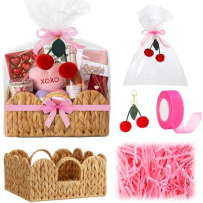 Valentines' Day Small Woven Gift Baskets Empty Galentines With Gift Bags And Ribbons Raffia Cherry Pendant Storage Basket Decorative For Valentines Birthday Party Supplies 11.02'' X 11.02'' X 5.12''