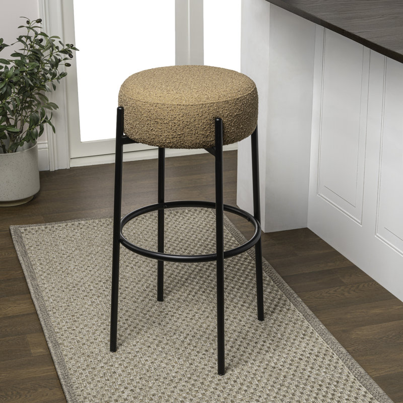 Paola 30" Industrial Round Backless Bar Stool, Brown Bouclé Seat and Black Metal Frame for Kitchen Island or Home Bar, Brown