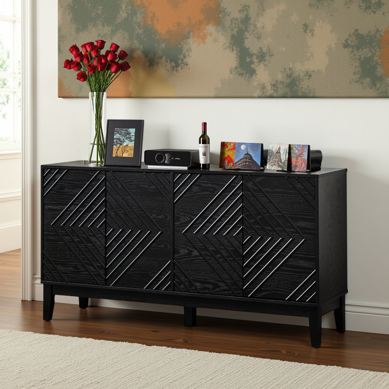 Buffet 60,5 "avec portes cannelées, tablettes réglables et prises de courant, Noir