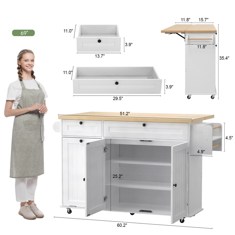 Jamera 60.2"W Kitchen Island with Two Large Storage Cabinets And Drawers, Locking Wheels, Oak/White