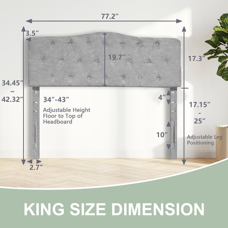 Linen Upholstered Headboard-Modern-Adjustable Height-Button Tufting, King, Gray