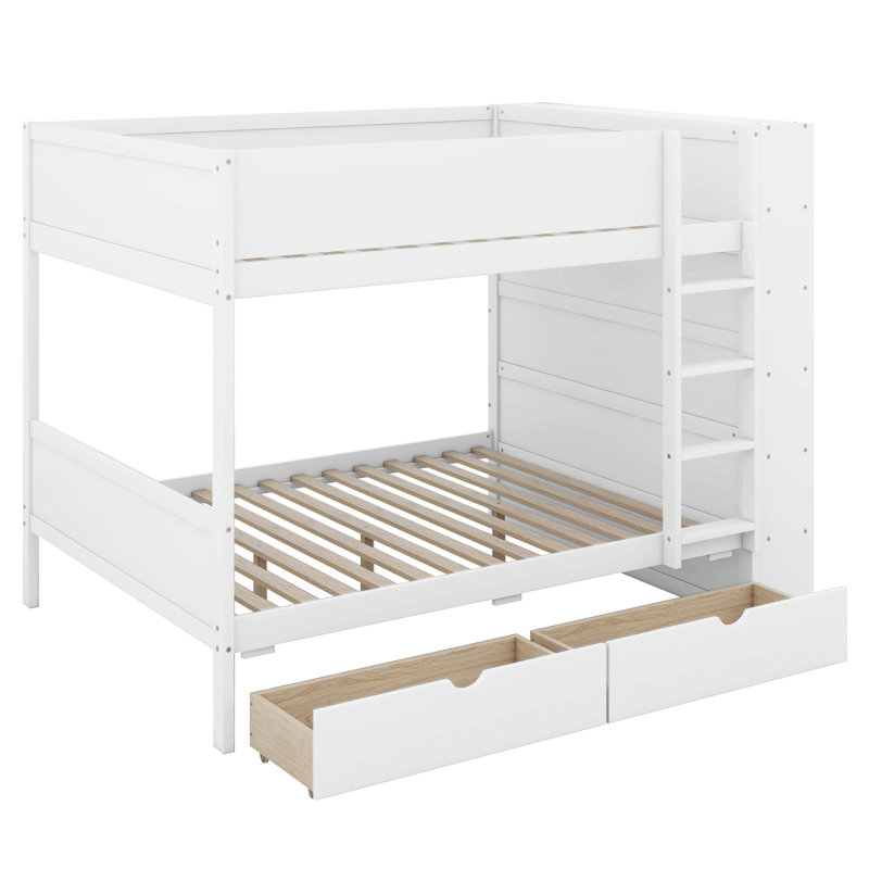 Lit superposé double au-dessus de double avec tablettes de rangement, structure de lit superposé en bois avec 2 tiroirs et armoire à couches multiples