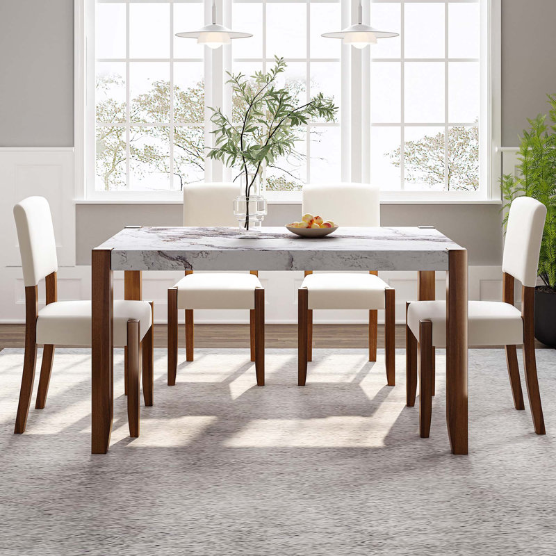 Ensemble de mobilier de salle à manger moderne 5 pièces, coin repas pour 4 personnes pour la cuisine, table de style faux marbre de 46 po et 4 chaises rembourrées avec pieds en bois d'hévéa massif