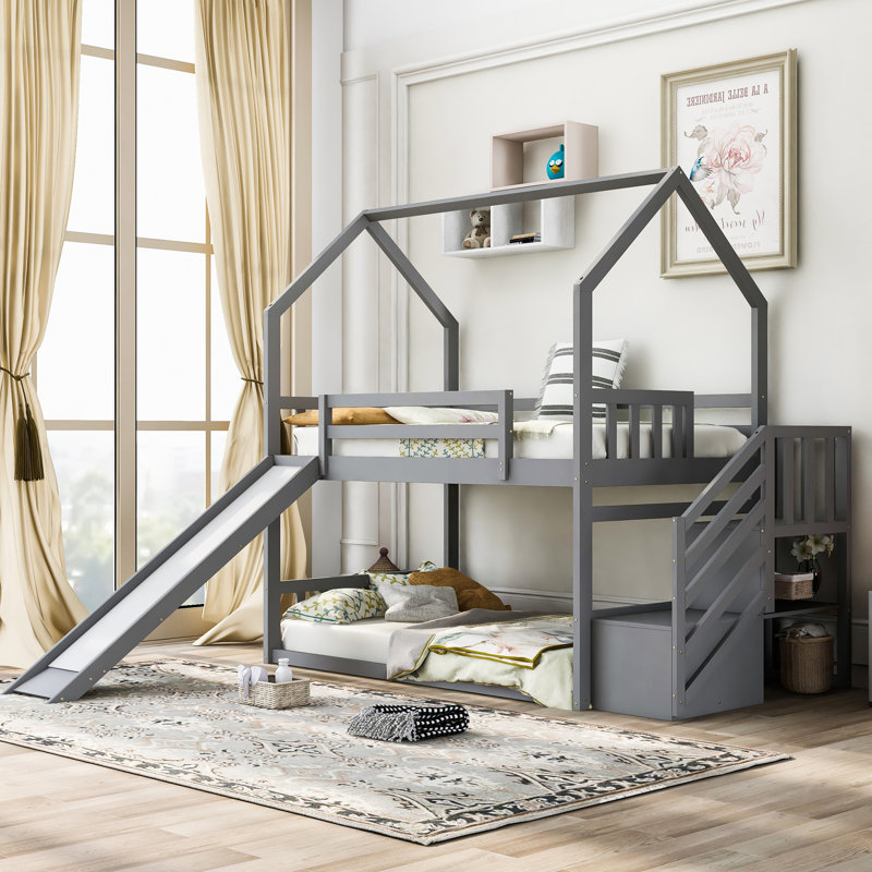 House Bunk Bed With Convertible Slide, Storage Staircase Can Be Placed Left Or Right, Grey