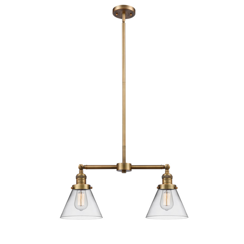 Luminaire suspendu conique pour îlot de cuisine 2 lumières Callahan, Ampoule DEL 6 watts Vinage, Transparent, Laiton brossé