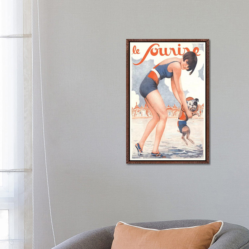 1920s Le Sourire Magazine Cover - Print on Canvas, 66.04cm H x 45.72cm W x 3.81cm D, Classic Brown Wood Floater Framed