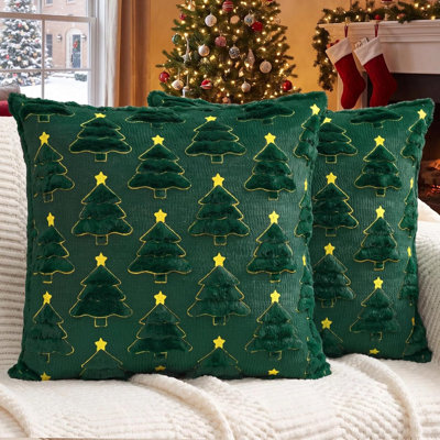 Housses de coussin de Noël 40x40 cm (lot de 2), vertes, réversibles, en fausse fourrure avec broderie sapin de Noël, pour canapé, fauteuil, véranda, chambre et idée cadeau de Noël.