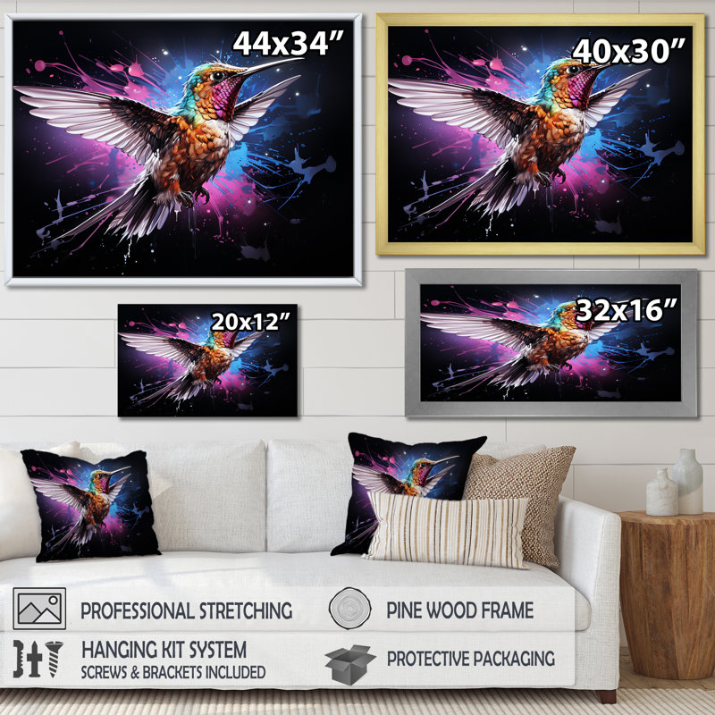 Colibri coloré, battement d'aile, merveille 4 - Art mural colibri, Cadre flottant doré, H 24 po x l 32 po x P 1 po
