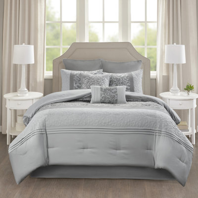Embroidered Grey Comforter King - 8 Pieces , Pleated, Printed Effortless To Care For Bedding Pleated Easy Manage