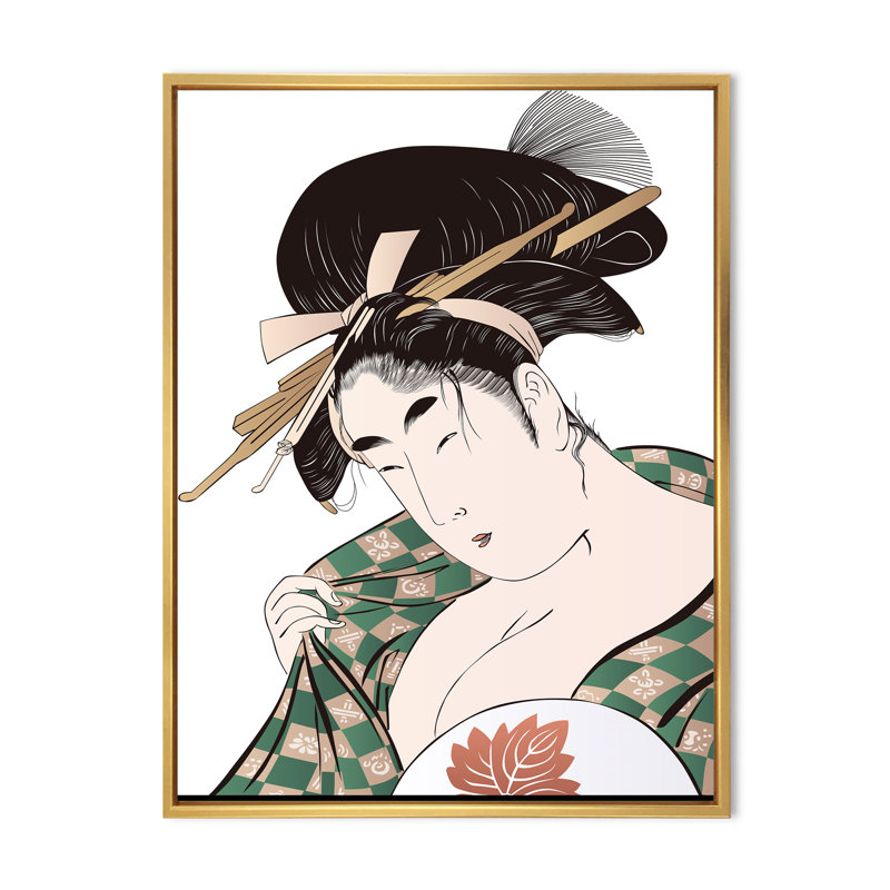 Femme japonaise Ukiyo-E - Peinture sur toile, Cadre flottant doré, H 32 po x l 24 po x P 1 po