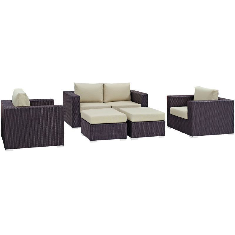 Ensemble de conversation avec canapé en rotin et coussins 5 pièces Convene, Beige
