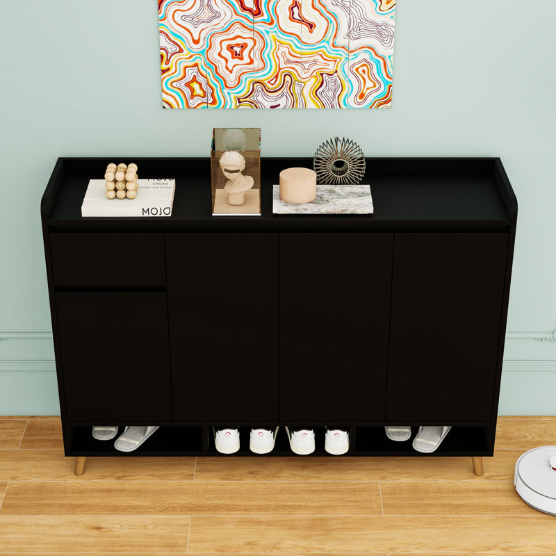 Contemporary Shoe Storage Cabinet with Adjustable Shelves, Solid Wood Legs and Ample Storage Space, Black