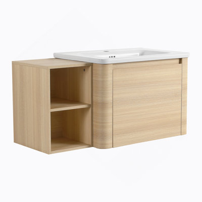 Meuble-lavabo mural de 40 po avec lavabo en céramique blanche et tablettes de rangement, porte en contreplaqué, chêne blanc américain