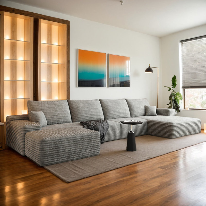 Boneless 135.4" U Shaped Corduroy Sectional Sofa With 1 Ottoman, Gray, Right Hand Facing