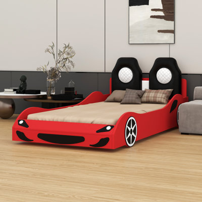 Wood Race Car-Shaped Platform Bed With LED And Upholstered Backrest