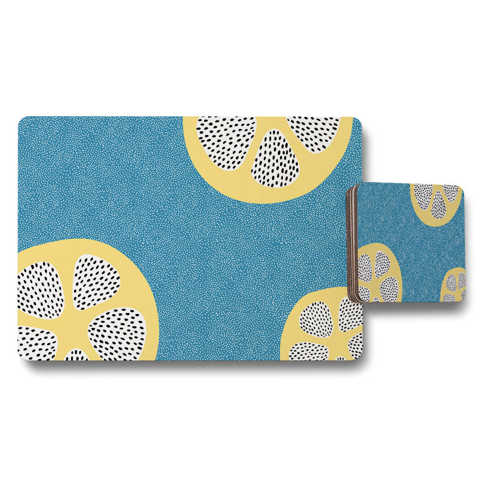 Blue Lemon Slice Placemat And Coaster Set With Yellow Accents