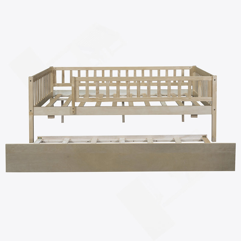 Wood Daybed With Trundle And Fence Guardrails, Full, Natural