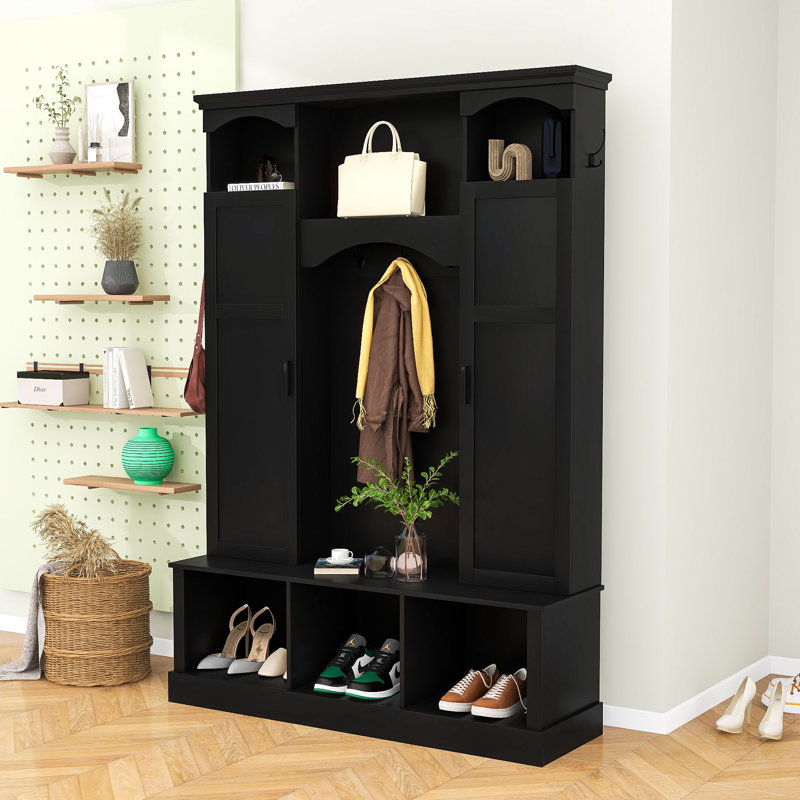 Sophisticated Wood Hall Tree with Hooks, Elegant Arch Details and Adjustable Shelves, Black