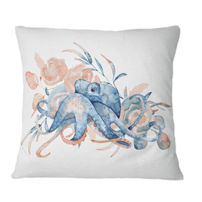 Coussin bleu avec pieuvre bleue et fleurs roses - imprimé nautique et côtier
