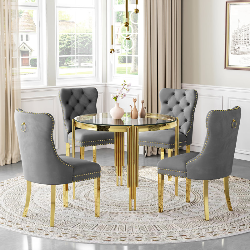 37"Modern Glass Dining Table Set, Irregular Stainless Steel Table Legs And Velvet Tufted Backrest Chairs, Clear, Gold