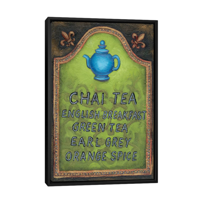 « tea », art textuel sur toile tendue, H 26 po x l 18 po x P 1,5 po, Toile avec cadre noir, Pas de tapis