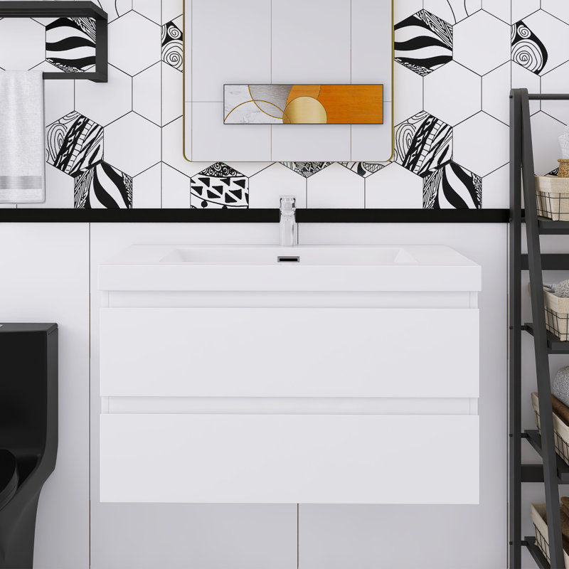Meuble-lavabo mural simple avec plateau en résine, Blanc lustré, 36"