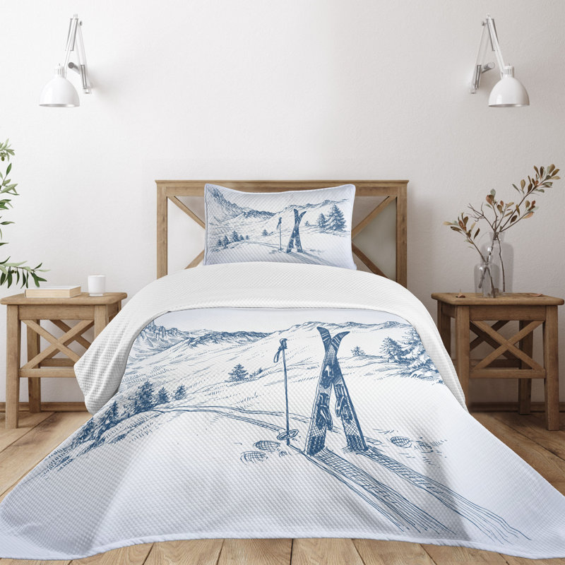 Twin White Quilted Bedspread Set with Ski Mountain Design