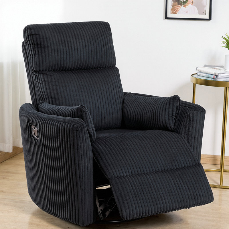 Modern Black Corduroy Swivel Glider Recliner Chair with Pillows - Solid Wood Frame, 360° Motion & Cloud-Like Comfort for Living Room