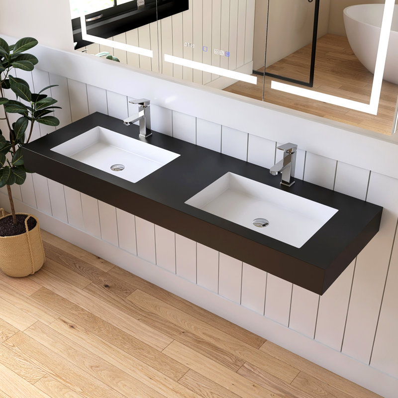 Lavabo de salle de bain mural double 59 po Medunjess, surface solide noire, double lavabo mural, Robinets à monotrou, Noir