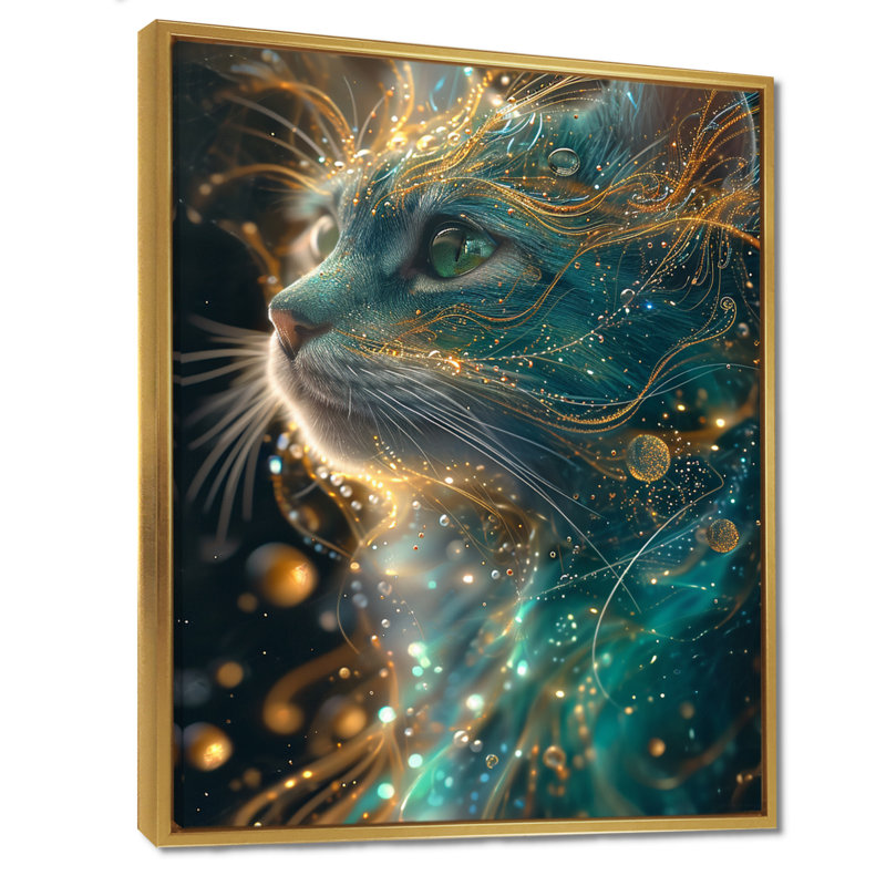 Astral Purr Turquoise Galactic Cat - Art mural chat, Toile avec cadre doré, H 32 po x l 24 po x P 1 po