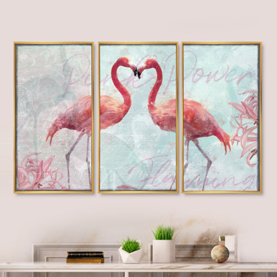 Flamant rose - Ensemble de 3 reproductions d'art sur toile encadrées