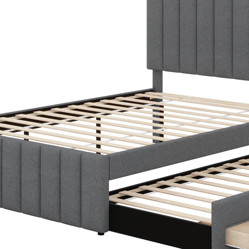 Lit plateforme tapissier avec lit gigogne et 3 tiroirs, Gris