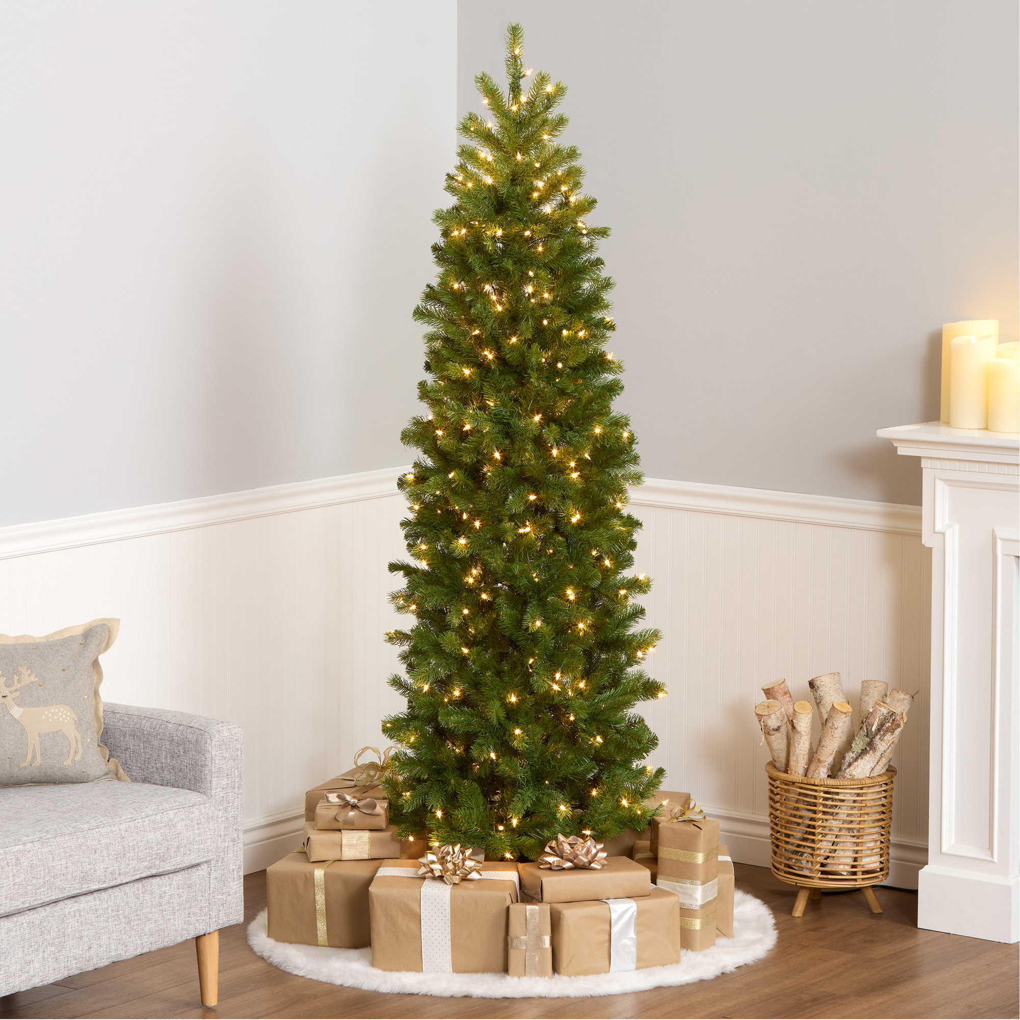 The Holiday Aisle® Downswept Douglas Fir Pencil Slim Tree with Clear Lights, 6.5'
