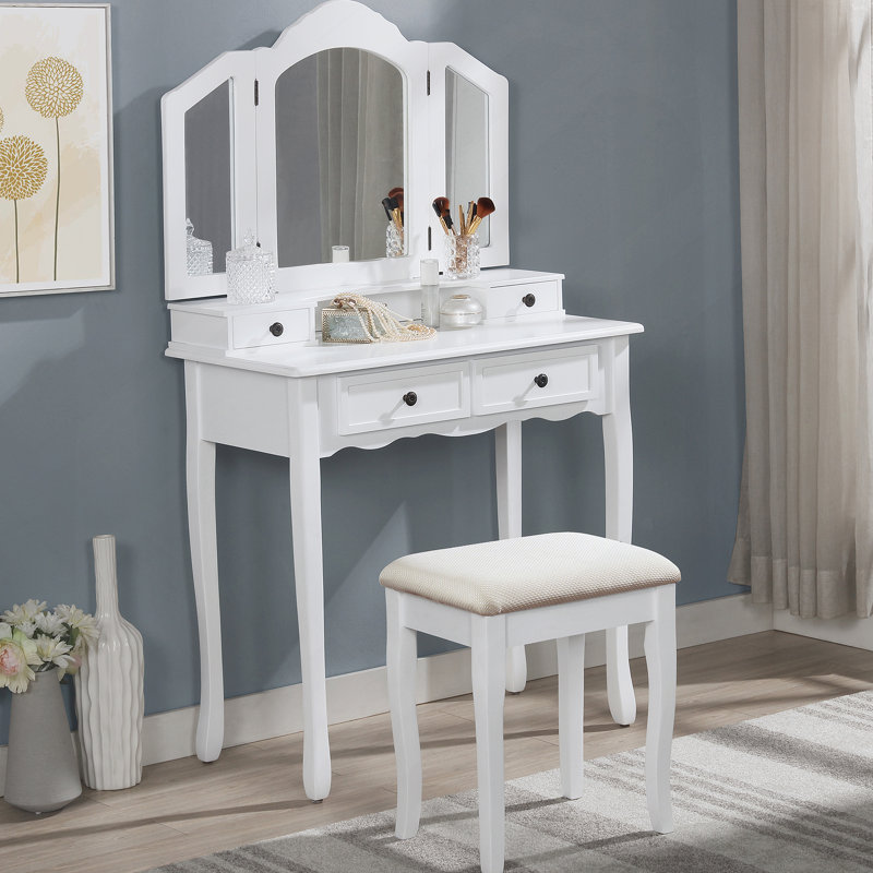 Ensemble coiffeuse et tabouret en bois, Blanc
