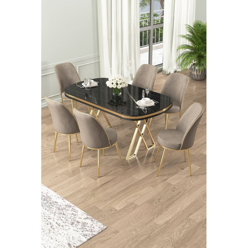 Ensemble de table et chaises de salle à manger (7 pièces), Crème, crème, Black, Gold
