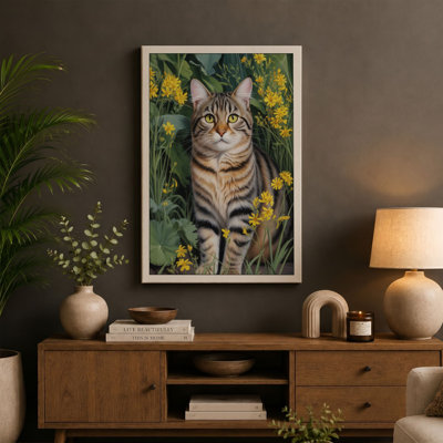 Tabby Among Flowers Botanical - Wrapped Canvas