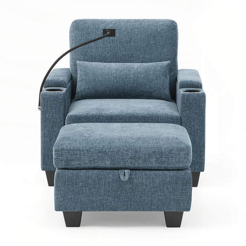 Single sofa recliner with manually adjustable backrest, USB charging port on the armrest side, and a matching storage ottoman