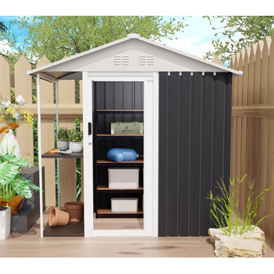 6x4FT Galvanized Steel Shed & Storage Rack, 2-in-1 Outdoor Garden Shed with Sliding Door, Easy Assembly Waterproof Garden Shed for Tool Storage, Patio, Backyard