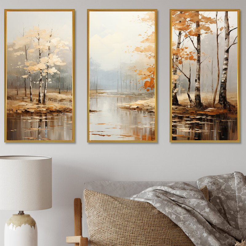Mystic Nostalgia Autumn Forest - ensemble d'art mural sur toile forêt, Cadre flottant doré, H 40 po x l 60 po x P 1 po